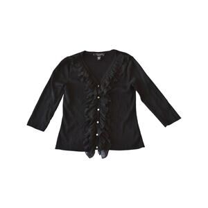 Y2K Cable & Gauge Ruffle Cardigan Petite Medium Black V Neck Top